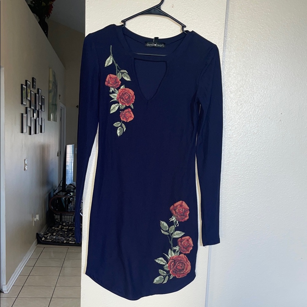 Derek Heart Navy Dress with Red Floral Design